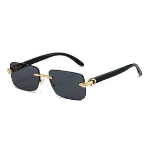 Mens Leopard Head Black Tint Rimless Gold Frame Vintage Wood Buffs Sunglasses